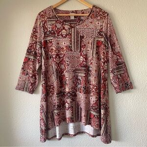 Chico’s Tunic Liquid Knit Patchwork Print Top Women’s L 3/4 Sleeve Bead Hardware